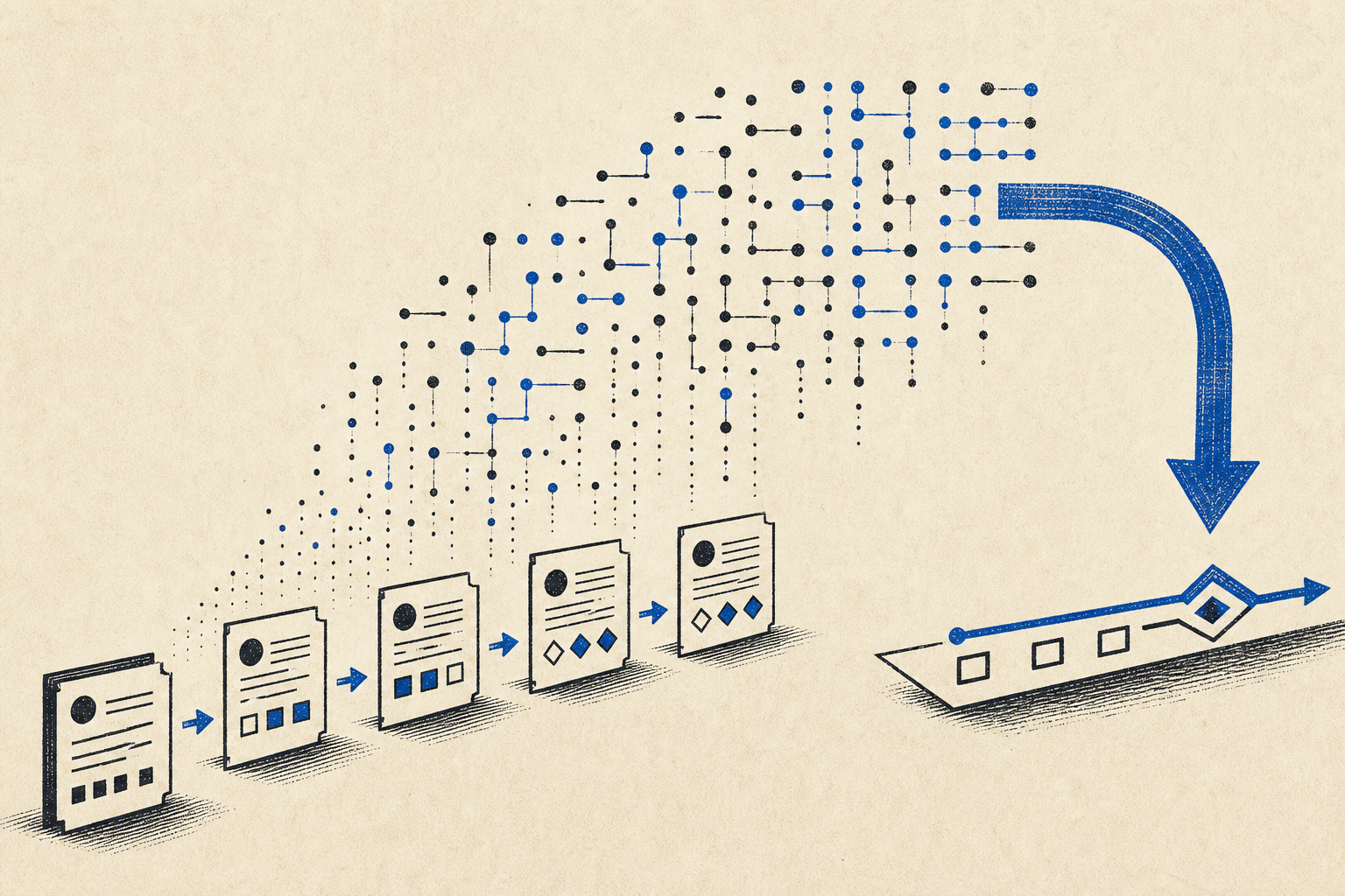 Completed case records form a field of recurring evidence patterns that feeds a simpler future process.